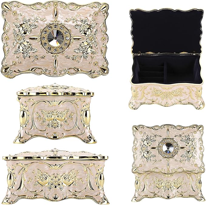 Hipiwe Vintage Jewelry Box, Small Enameled Trinket Box Organizer Rectangular Treasure Chest Box Jewelry Decorative box Keepsake Gift Box Case for Women,3.7x 2.7x 2 inch