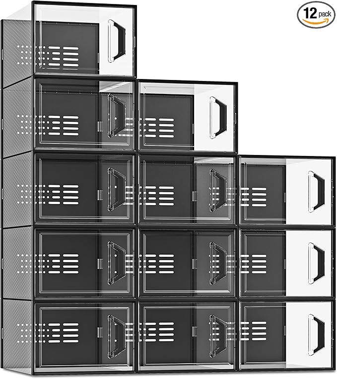 SEE SPRING XX-Large Shoe Storage Box Fit Size 14, Clear Plastic Stackable Shoe Organizer for Closet, Space Saving Sneaker Shoe Rack Containers Bins Holders for Entryway, Under Bed, 12 Pack Black