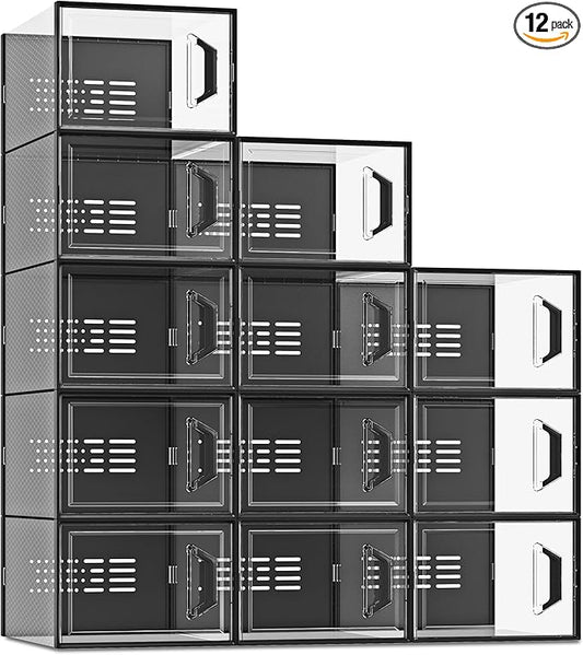 SEE SPRING XX-Large Shoe Storage Box Fit Size 14, Clear Plastic Stackable Shoe Organizer for Closet, Space Saving Sneaker Shoe Rack Containers Bins Holders for Entryway, Under Bed, 12 Pack Black