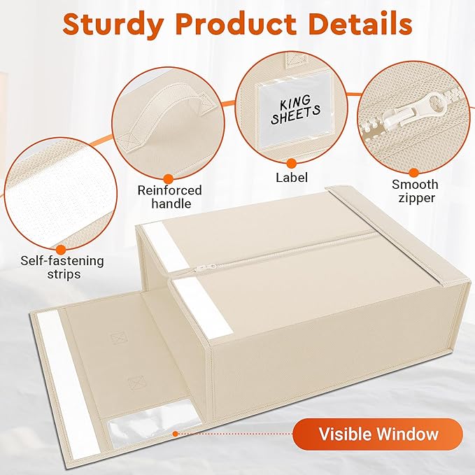 StorageTastic 8 Pack Bed Sheet Closet Organizers and Storage,Sturdy Foldable Storage Containers with Window and Label,Storage and Organization for Bedding Sheets,Duvet Covers,Blankets (Beige)