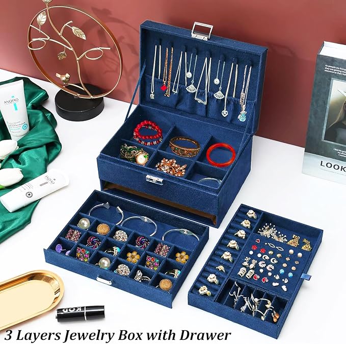 QBestry 3-Layer Jewelry Box for Women with Lock and Key & Drawer, Large Jewelry Organizer with 8 Necklace Hooks & 56 Earring Holes, Navy Velvet Jewelry Storage Box for Necklaces Earrings Ring Bracelet