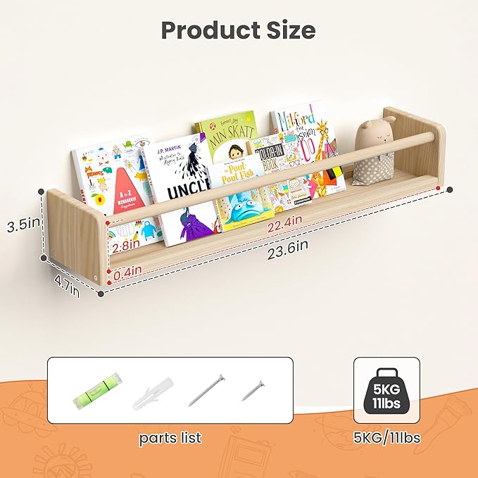 upsimples 2 Pack Nursery Book Shelves, 23.6 Inch Floating Bookshelves for Wall, Baby Nursery Decor, Small Solid Wood Wall Mounted Shelves for Baby Kids Boys Girls, Natural