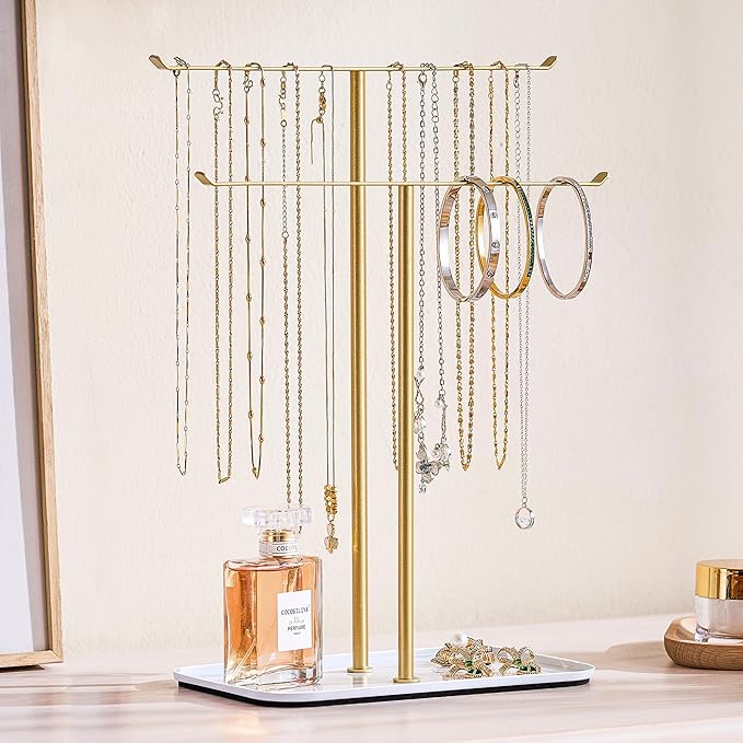 pickpiff Necklace Holder Jewelry Organizer Stand – 2‑Tier T‑Bar Jewelry Display Tree with Tray for Countertop Necklace Bracelet Earring Storage, Vanity Dresser Bathroom Sink, Gold