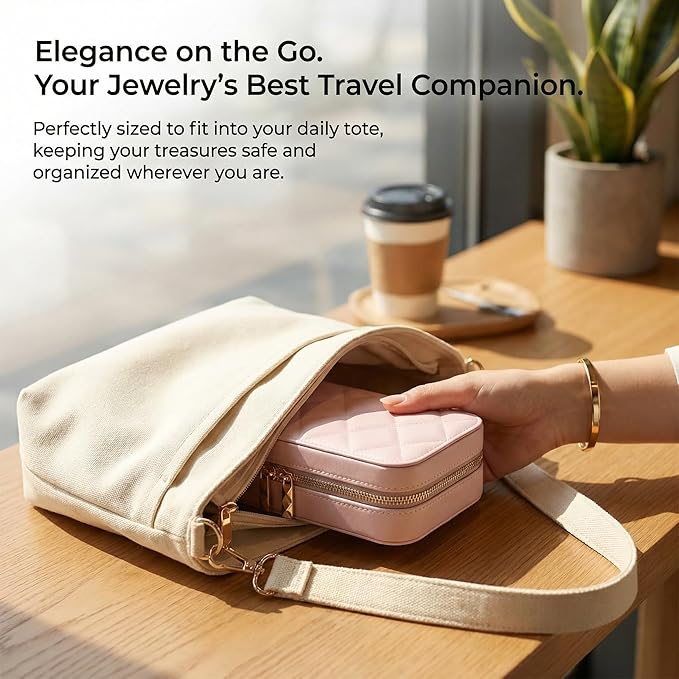 Travel Jewelry Case with Mirror, Quilted Small Jewelry Box Organizer for Women Girls, Portable Earring Necklace Bracelet Ring Holder Storage for Travel Weekend Trips (Blush Pink)