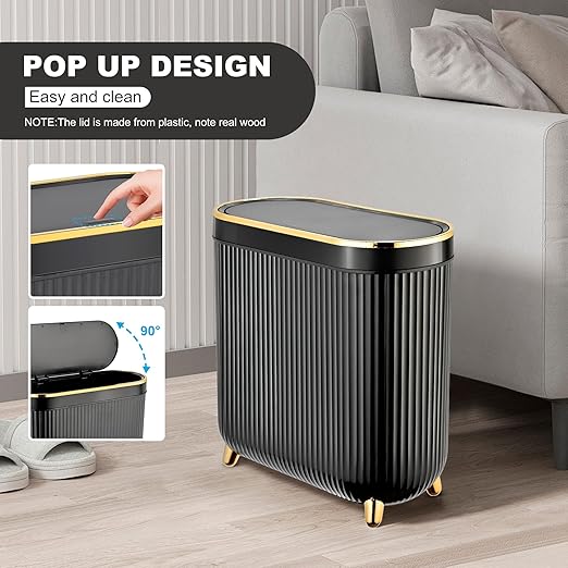 Supteron Bathroom Trash Can with Lid 3.1 Gallon Narrow Trash Can Small Plastic Trash Bin 12 Liter Rectangular Plastic Garbage Can with Press Type Lid for Bedroom Bathroom