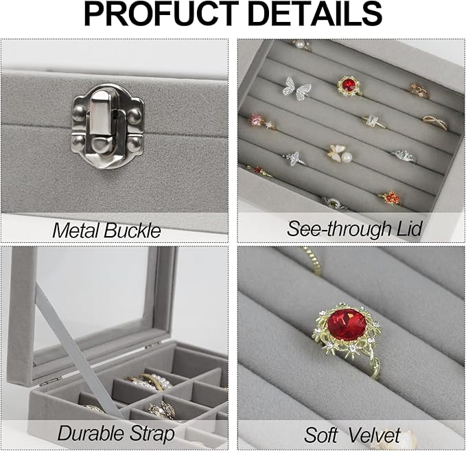 Fordonral Velvet Jewelry Organizer Box, Jewelry Drawer Organizers Trays, Earring Ring Necklace Holder Display Case (Gray, Ring Box)