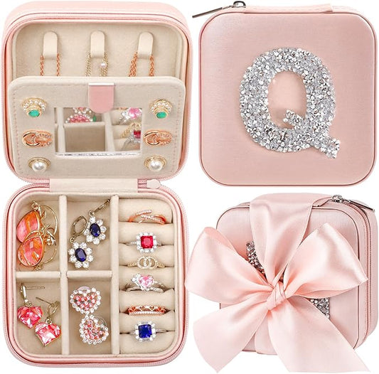 CHMI Small Travel Jewelry Case,wedding jewelry for bridesmaids,Jewelry Box Organizer,Vacation Essentials Travel Accessories for Women,travel jewelry case organizer,Initial pink Q
