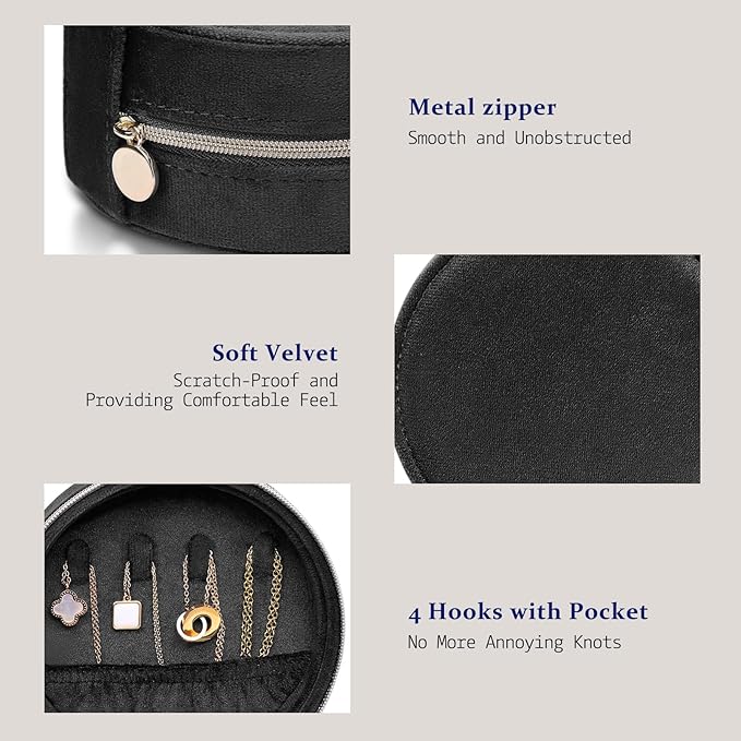 CONBOLA Travel Jewelry Case Small Jewelry Box for Women Girls,Round Velvet Jewelry Travel Organizer,Portable Jewelry Box for Rings Earrings Necklaces Bracelets.(Black,Large)
