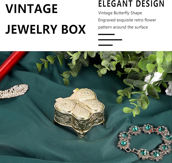 Hipiwe Vintage Jewelry Box Decorative Treasure Chest Butterfly Shape Trinket Keepsake Storage Box Gold Necklace Earring Holder Gift for Women, Small