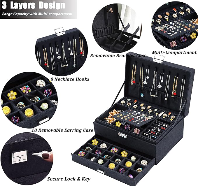 QBestry Jewelry Box for Women with Drawer, 3-Layer Large Jewelry Organizer with Lock & Key, 8 Necklace Hooks & 56 Earring Holes, Black Velvet Jewelry Storage Box for Necklaces Earrings Rings Bracelets