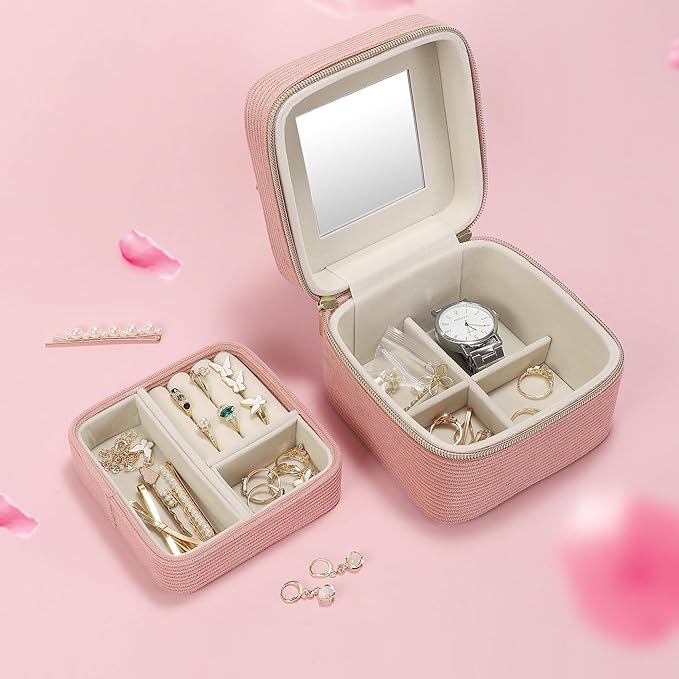 Travel Jewelry Case with Mirror – Small 2-Layer Jewelry Box for Women, Rings and Earrings Necklaces Velvet Organizer Mothers Day Mom Girls Birthday Gifts (Pink)