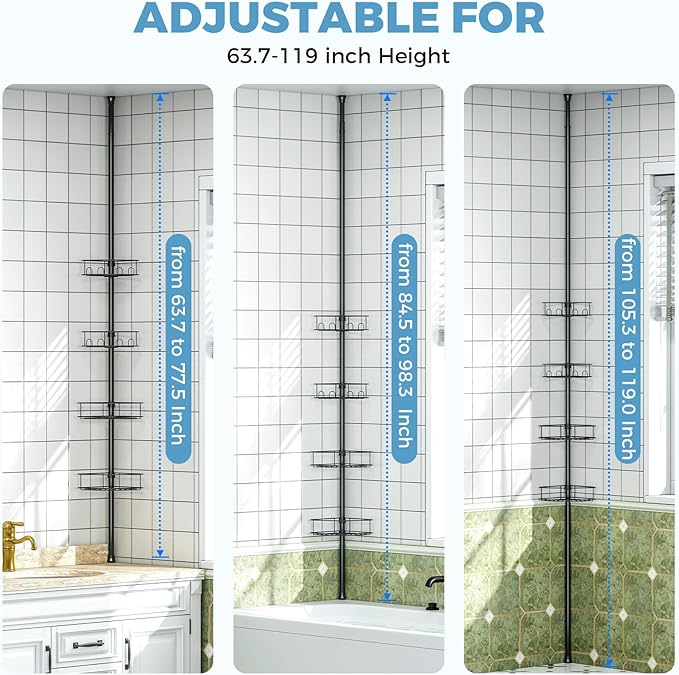 Corner Shower Caddy Tension Pole，4 Tier Adjustable Bathroom Organizer Shelves，Inside Shower Storage With Hidden Hook & Towel Holder,63.7-119 Inch No-Drill Quick Installation Shower Rack,Black