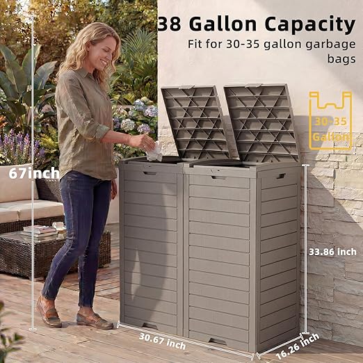 EFU 38 Gallon Outdoor Trash Can with Lid & Drip Tray, Dual Garbage Can for Patio Backyard Deck,Large Heavy Duty Waste Container Bin，Light Coffee