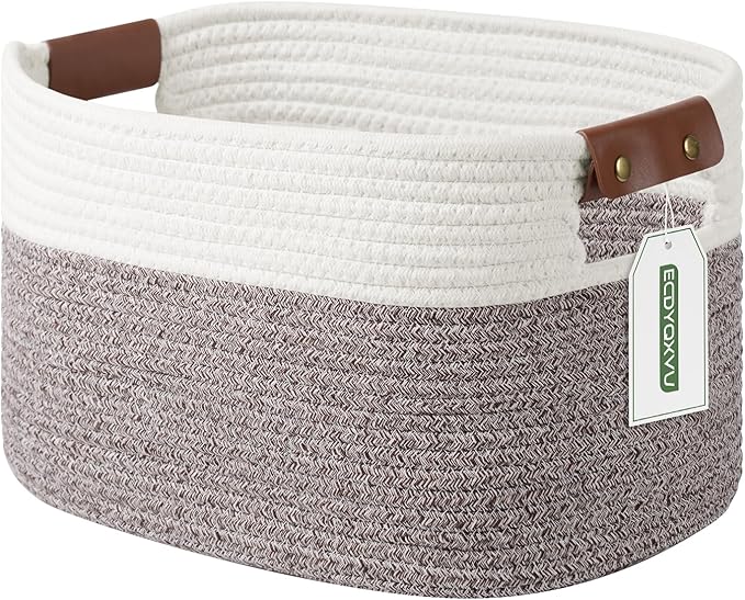 ECDYQXVU Cotton Rope Basket, Storage Baskets with Handle, 15x10x9 Inch Woven Basket for Shelves, Laundry, Towels, Clothes, Books (White Brown 1 Pack)