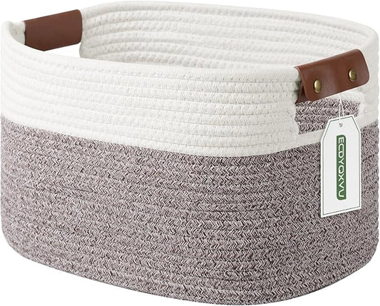 ECDYQXVU Cotton Rope Basket, Storage Baskets with Handle, 15x10x9 Inch Woven Basket for Shelves, Laundry, Towels, Clothes, Books (White Brown 1 Pack)