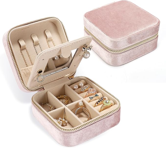 Plush Velvet Travel Jewelry Box for Women & Girls - Small Portable Organizer, Storage Case for Rings, Earrings, Necklaces & Bracelets – Ideal Gift for Travel & Occasions (Gray pink)