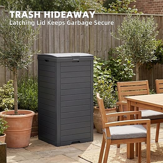 EFU 38 Gallon Outdoor Trash Can with Lid & Drip Tray, Waterproof Garbage Can for Patio Backyard Deck Porch, Heavy Duty Waste Container Bin，Black
