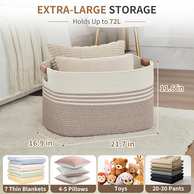 Large Woven Laundry Basket Hamper, 72L Cotton Rope Storage Bin for Blankets, Toys, Clothes, Decorative Nursery Hamper for Living Room, Baby Nursery, Bathroom, Bedroom, Kids Storage, Light Brown