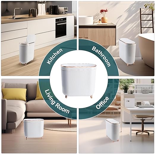 Supteron Bathroom Trash Can with Lid 3.2 Gallon Narrow Trash Can Small Plastic Trash Bin 12 Liter Rectangular Plastic Garbage Can with Press Type Lid for Bedroom Bathroom Milk White