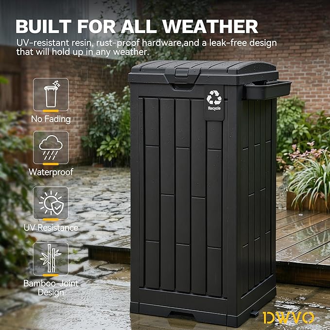 DWVO 38 Gallon Outdoor Trash Can, Set of 2 Resin Garbage Bins with Lids, Includes 2 Sorting Labels, Ash Holder, Stakes & Suction Cups, Hideaway Storage for Patio Backyard Garden, Black