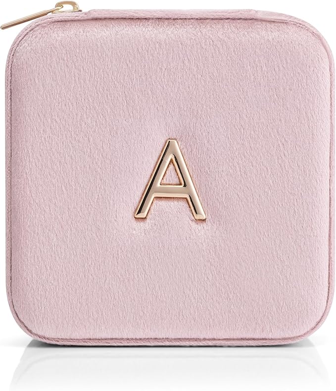 Vlando Small Travel Jewelry Box Organizer Display Case for Rings Earrings Necklaces Storage, Selected Soft Velvet, Letter A Engraved, Pink