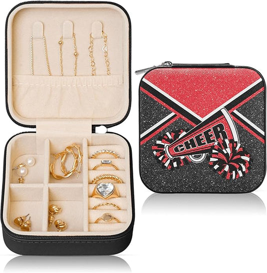 Cheerleader Jewelry Case, Mini Travel Box for Women, Cheer Team Gifts for Girls (Red)