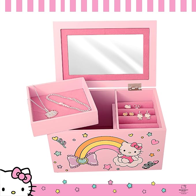 Hello Kitty Jewelry Box with Tray and Storage Official License, Pink Jewelry Box, Wood Jewelry Organizer, Sanrio Gifts (Pink)