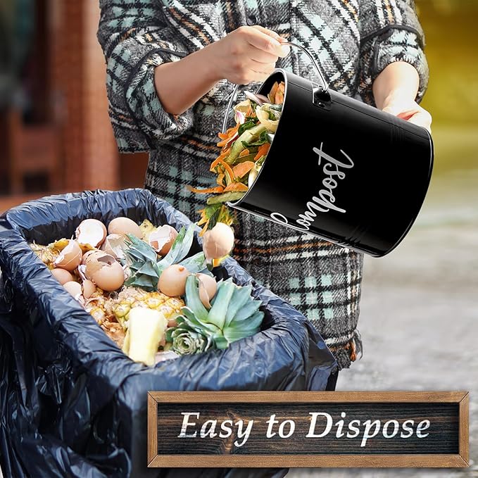 DAYYET Compost Bin Kitchen, 1.3 Gallon Farmhouse Kitchen Compost Bin Countertop, Indoor Countertop Compost Bucket with Lid and Charcoal Filters, Black