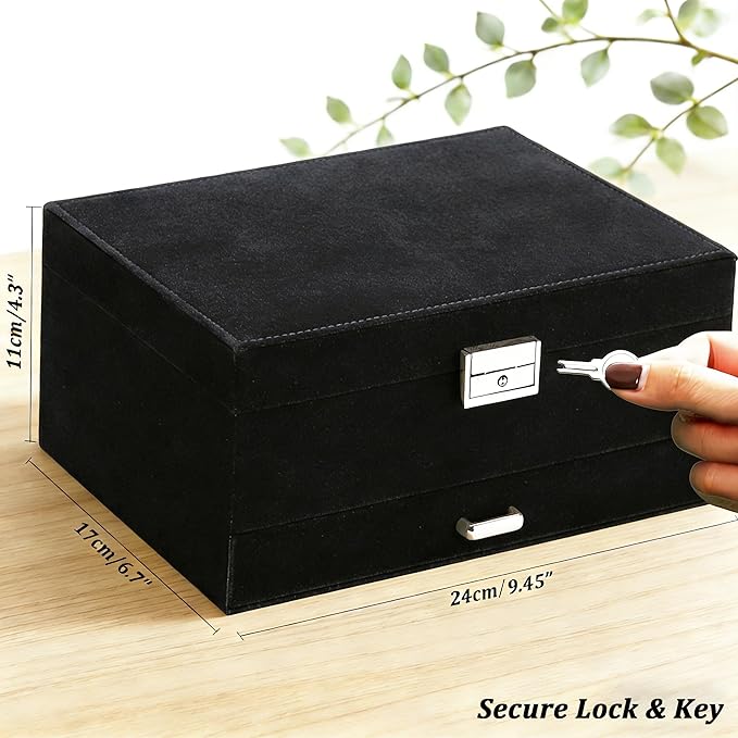 QBestry Jewelry Box for Women with Drawer, 3-Layer Large Jewelry Organizer with Lock & Key, 8 Necklace Hooks & 56 Earring Holes, Black Velvet Jewelry Storage Box for Necklaces Earrings Rings Bracelets