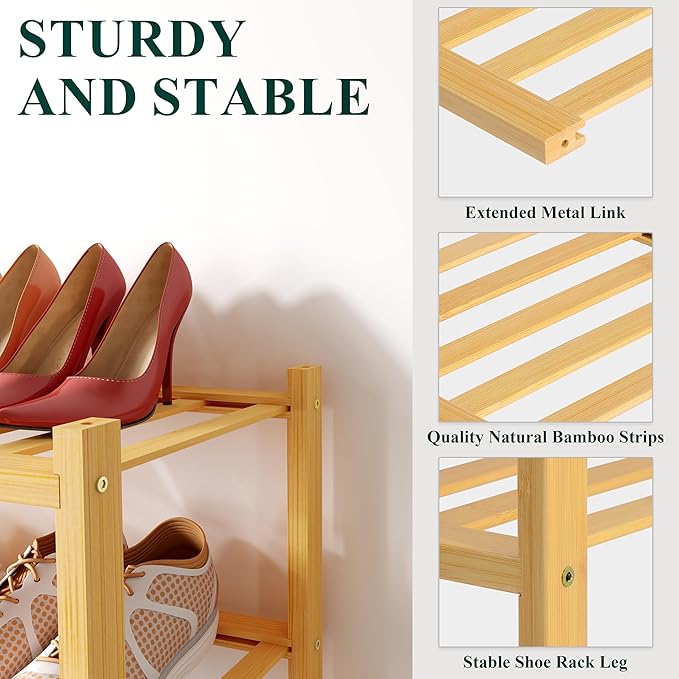 Smiry Bamboo Shoe Rack for Closet, 4 Tier Small Wooden Stackable Shoe Organizer, Free Standing Shoes Storage Shelf for Entryway, Front Door Entrance, Natural
