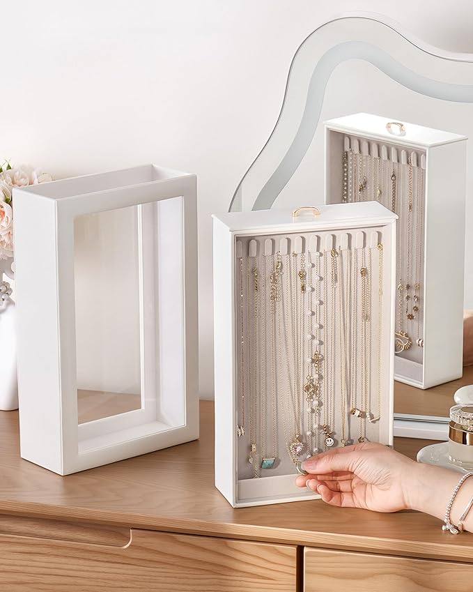 Lolalet Upgraded Double-Sided Hanging Necklace Organizer Box, Jewelry Display Case with Double-Sided Clear Window for Necklaces Bracelets, Tangle-Free Necklace Storage Box, Mothers Day Gift