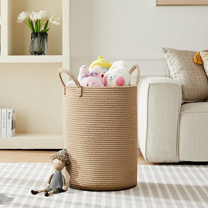 80L Extra Large Jute Laundry Hamper Tall Woven Laudnry Basket Wicker Rope Clothes Hamper Boho Blanket Basket in Living Room Bedroom 16"D x 22"H