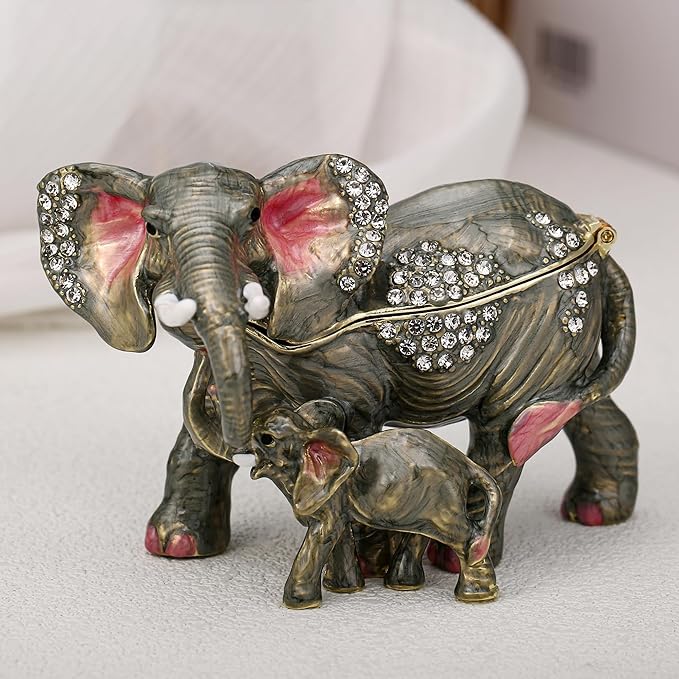 Hand Painted Animal Trinket Box for Home Decor, Hinged Jewelry Organizer Storage, Unique Personalized Collectible Keepsake Figurine Handmade Decorative Ornament Gifts (Mom & Baby Elephant)