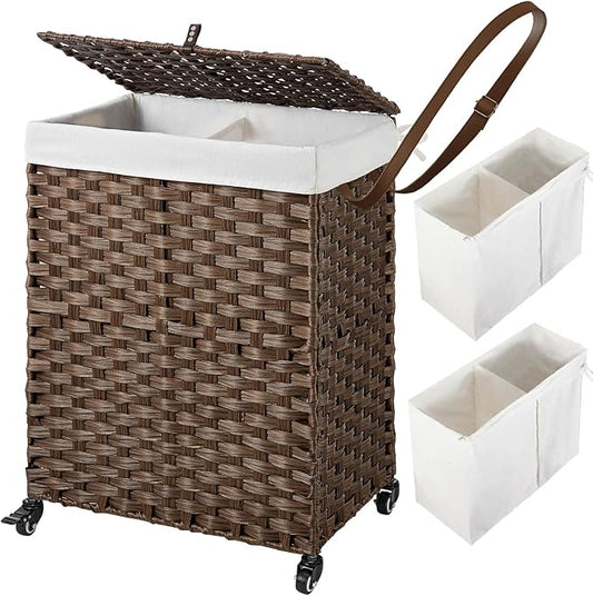 Greenstell Laundry Hamper with Wheels, No Install Needed, 90L Divided Handwoven Hampers & 2 Removable Liner Bags, Synthetic Rattan Clothes Laundry Basket with Lid & Handles, Foldable Hampers Brown