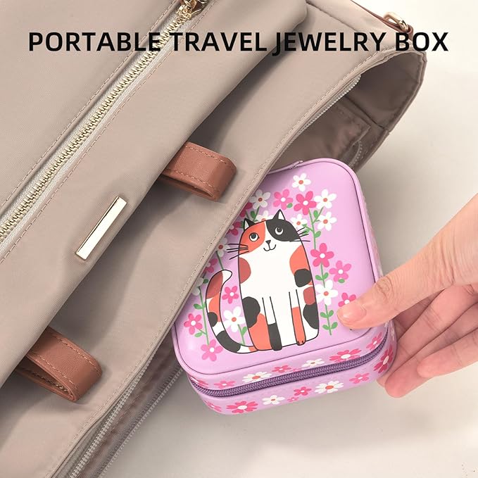 shunmei Mini Travel Jewelry Box,PU Leather Portable Jewelry Organizer Case,Art Accessories Storage Holder Boxes for Earring, Necklace, Rings, Bracelets (Pink Cat)