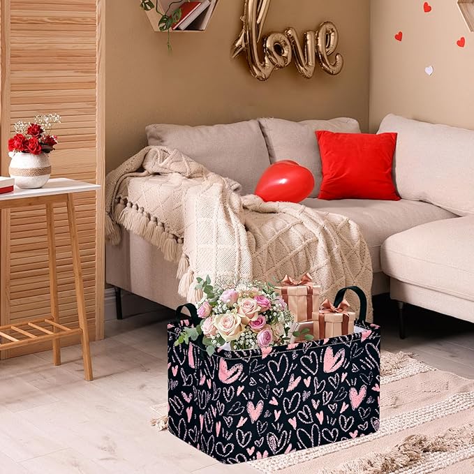 MAIZMZ Girls Basket Empty Gift Basket with Handles,Closet Shelf Storage Organizer Bins Heart Print Girls Nursery hamper Kids Toys Books Box Room Decor