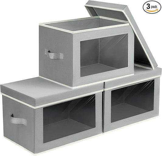 Homsorout Storage Bins, Storage Baskets for Shelves with Window, Fabric Storage Bins with Handle, Foldable Storage Cubes Boxes for Organizing for Clothes, Towels, Books, 3 Pack, Grey