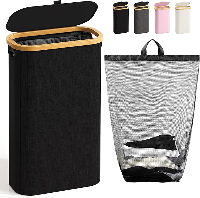 Bathola 75L Slim Laundry Hamper with Lid, Dirty Clothes Hampers for Laundry, Collapsible Laundry Baskets for Small Spaces, Bedroom, Bathroom, Laundry Room, Black