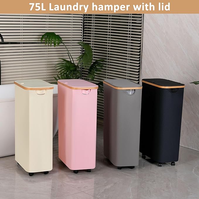 Laundry Basket with Wheels, 75L Clothes Hamper for Laundry, Laundry Hamper with Lid and Inner Bag, for Laundry Room, Bedroom, Dormitory Storage,White
