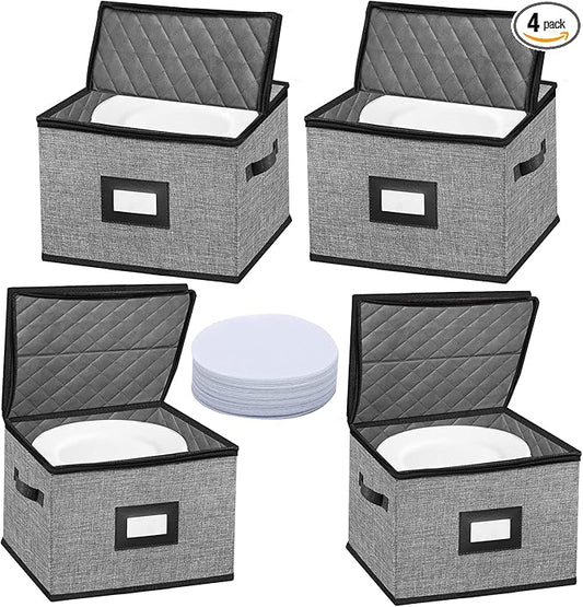 China Storage Containers-4PACK Quilted Dish Storage Containers with Lid Hard Shell for Moving Transport, Dinnerware,Stackable Plate Storage,24 Felt Plate Dividers Included,12 * 12 * 8in