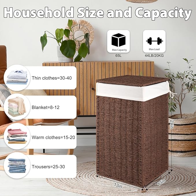 OIAHOMY Laundry Hamper with Lid, 65L(17.2 Gal) Large Wicker Laundry Basket for Bedroom, Handwoven Paper Rope Clothes Hamper with Washable Liner & Metal Frame, Decorative organizer for Bathroom Brown