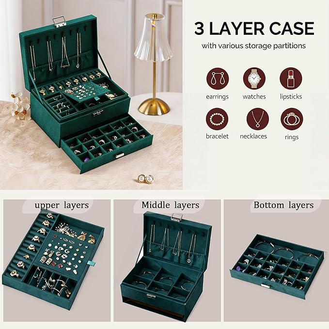 Jewelry Organizer Box for Women Girls, Jewelry Box 3-Tier Jewelry Display Case and Organizer,Lockable Jewelry Display Case Anti Tarnish,Varying Compartments for Necklaces, Bracelets, Rings