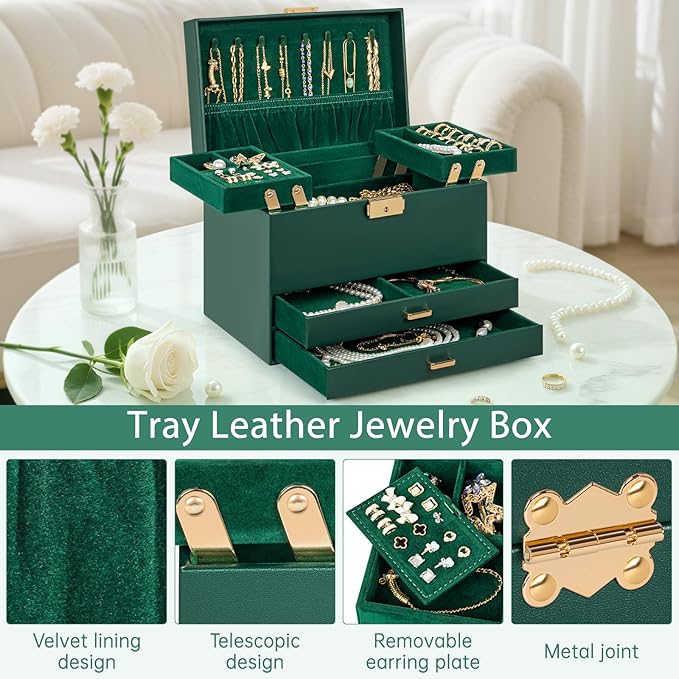 AKOZLIN Travel Jewelry Box Organizer Functional 2-trays Leather Jewelry Storage Case with Lockable Portable 2 Drawers for Women Girls Ring Necklace Earring Bracelet
