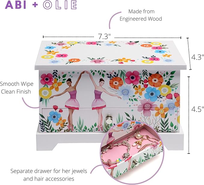 ABI + OLIE Ballerina Jewelry Box for Girls, Musical Jewelry Box, Kids Music Boxes - Perfect Dance Recital & Birthday Gifts for Girls 4-6 and 6-12