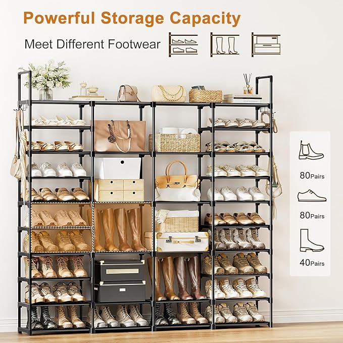 WOWLIVE 4 Row 10 Tiers Extra Large Shoe Rack Big Tall Metal Shoe Shelf, Heavy Duty Organizer for Closet Entryway, Boot Rack Storage Stackable Stand for Garage Black