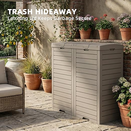 EFU 38 Gallon Outdoor Trash Can with Lid & Drip Tray, Dual Garbage Can for Patio Backyard Deck,Large Heavy Duty Waste Container Bin，Light Coffee