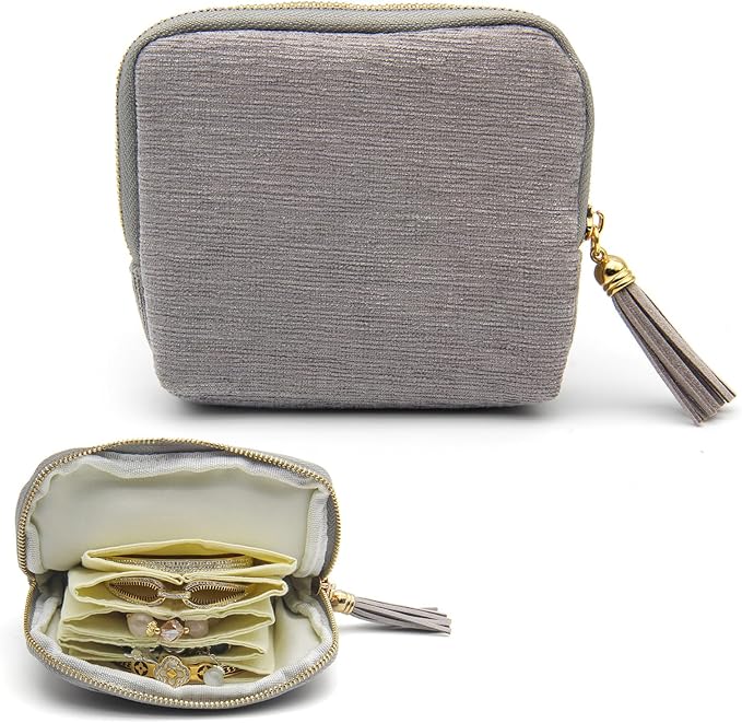 Small Travel Jewelry Case, Mini Jewelry Box, Purse Organizer Pouches for Travel and Everyday Jewelry Organizer Storage (Gray)