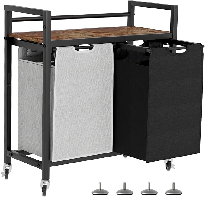 SwaaVee Laundry Hamper, Laundry Basket, Laundry Sorter with 2 Removable Bags, Clothes Basket with 2 Compartments, Wheels, Shelf for Laundry Room Bathroom Bedroom (2 Bags-Black Grey)
