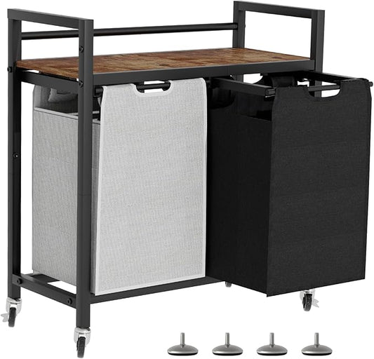 SwaaVee Laundry Hamper, Laundry Basket, Laundry Sorter with 2 Removable Bags, Clothes Basket with 2 Compartments, Wheels, Shelf for Laundry Room Bathroom Bedroom (2 Bags-Black Grey)
