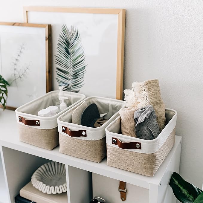 OrganiHaus Small Fabric Storage Baskets 6 Pack, 12x8in Cloth Storage Bins for Shelves, Small Baskets for Organizing Pantry Closet, Canvas Shelf Baskets, Beige/Off-White